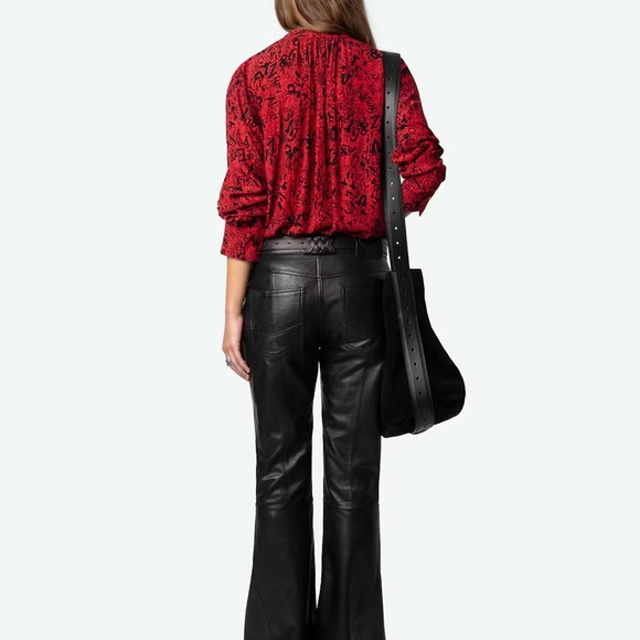 Chic Red Paisley Blouse with Black Leather Pants - Picture 2 of 7